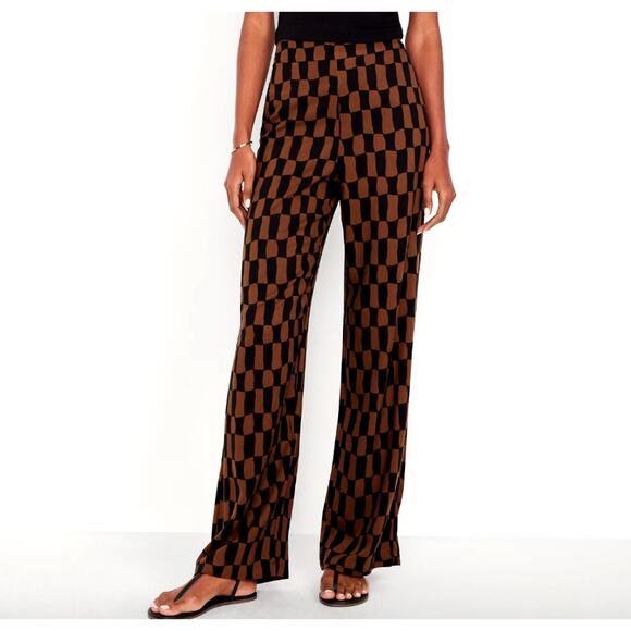 Old Navy High Rise Wide Leg Playa Pant Brown Retro Print Elastic Waist Sz M - Picture 1 of 10
